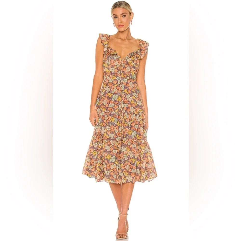 Veronica Beard Malgosia Floral-Print Button-Front‎ Ruffle cottage Midi Dress